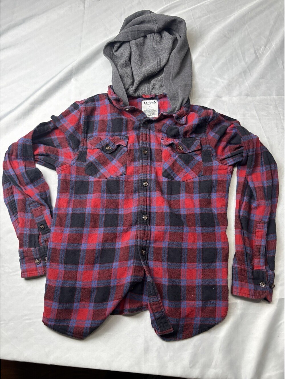 Sonoma Men's Hooded Plaid Flannel Shirt Jacket, Size Large
